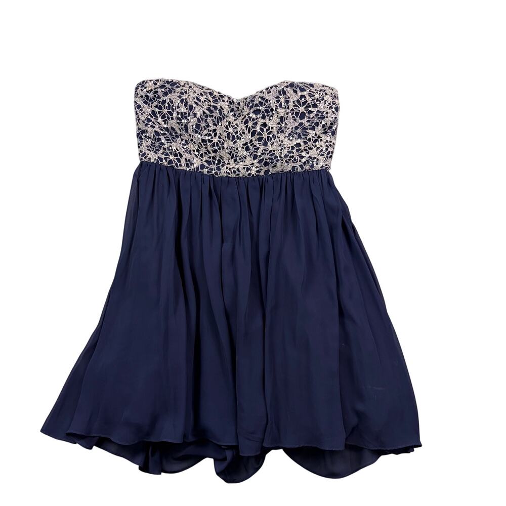 GB Strapless Mini Dress Crochet Sweetheart Neckline Medium Sequin Navy Blue Y2k